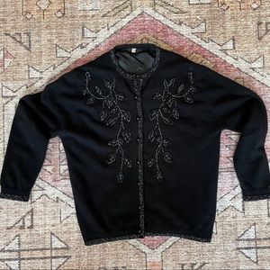 Vintage 50s Black Beaded Wool Cardigan